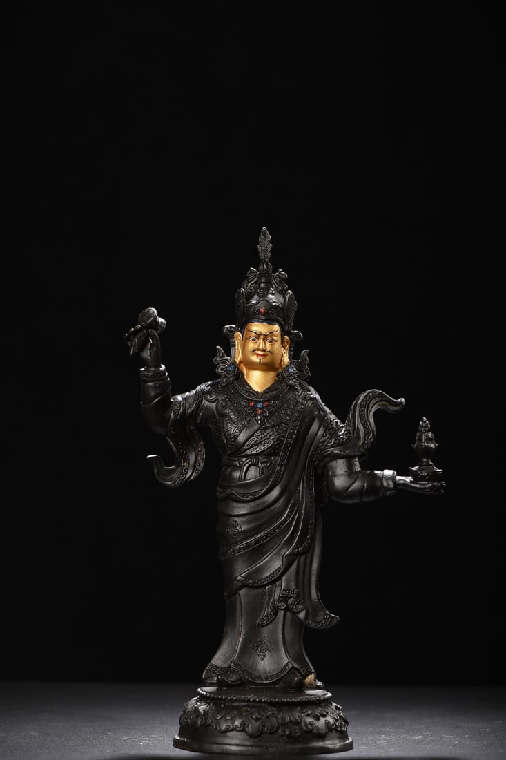Golden Lotus Buddha statue: The statue of Guru Padmasambhava is 27cm high, 17cm wide, 8cm thick, and weighs 1340 grams. Provenance:from the collection of George Stopher, Kent, purchased from P&M Waldo Antiques, London. Our coope