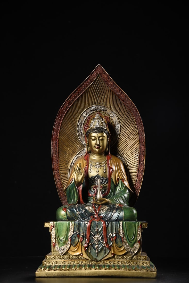 Copper Painted Guanyin Bodhisattva Statue: A bronze painted Guanyin Bodhisattva statue, 41cm high, 21cm long, 15cm wide, and weighing 4725 grams. Provenance:from the collection of George Stopher, Kent, purchased from P&M Waldo Antiques, London