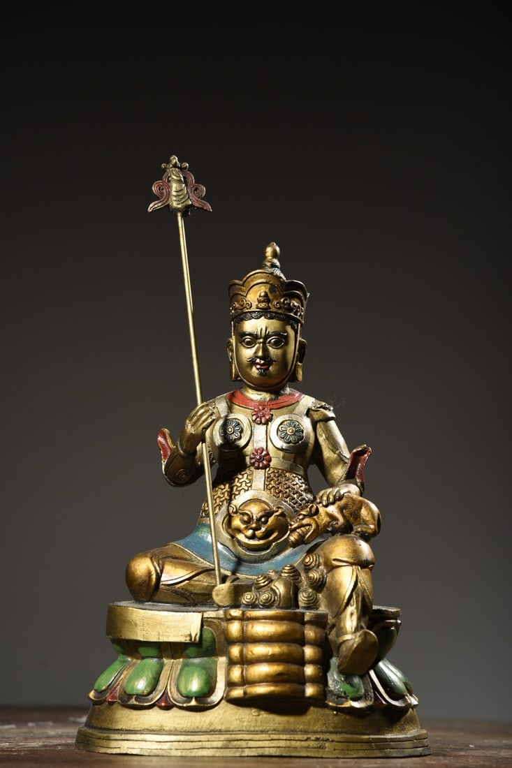 Copper Painted Treasure King Statue: A bronze painted statue of the Wealth King, 30cm high, 17cm wide, 12cm thick, and weighing 1365g. Provenance:from the collection of George Stopher, Kent, purchased from P&M Waldo Antiques, London. Our