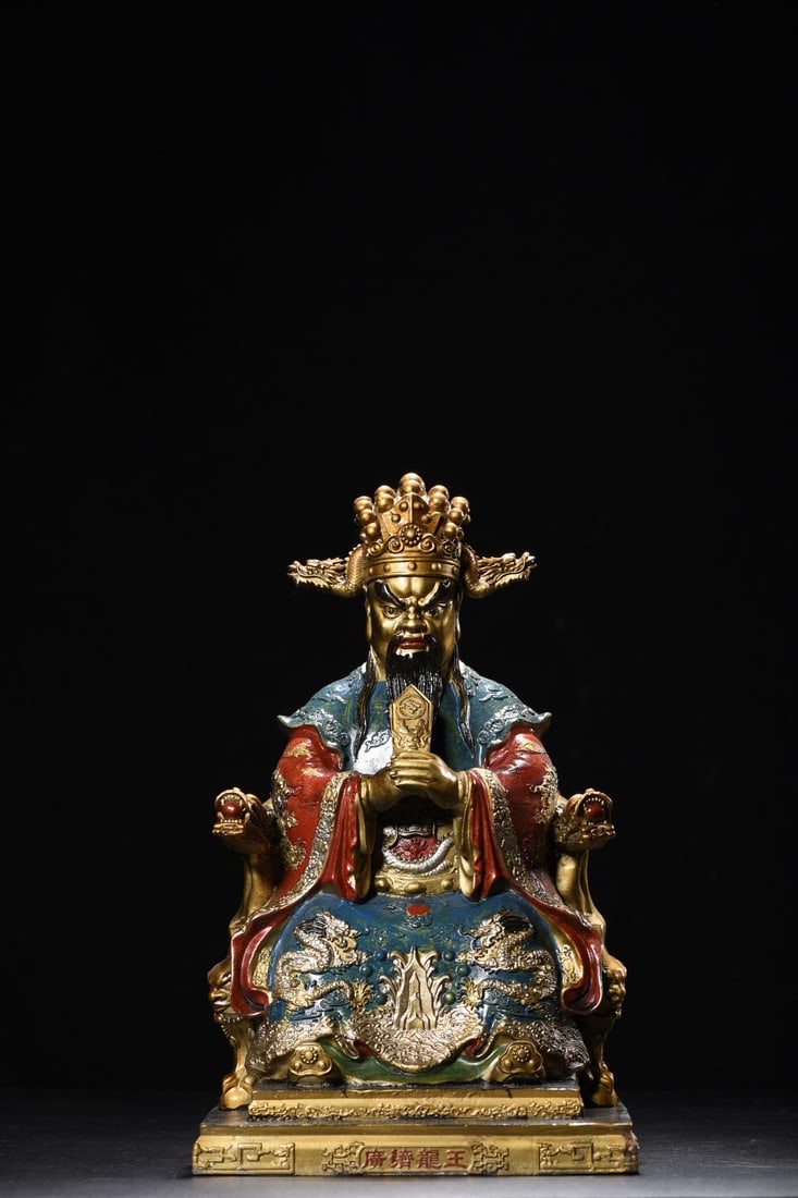 Bronze Painted Dragon King Statue: A bronze painted statue of the Dragon King, 29cm high, 18cm wide, 15cm thick, and weighing 2465g. Provenance:from the collection of George Stopher, Kent, purchased from P&M Waldo Antiques, London. Our