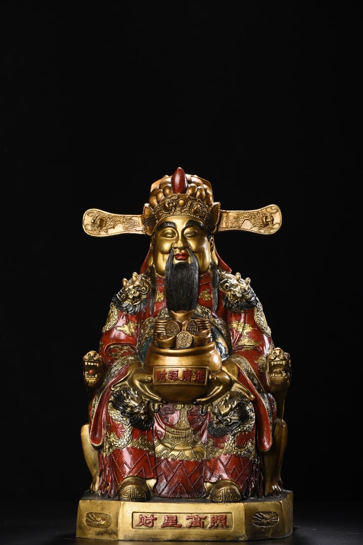 Large-sized painted bronze statue of the God of Wealth: A large bronze painted statue of the God of Wealth, 40cm high, 22cm wide, 20cm thick, and weighing 7860 grams. Provenance:from the collection of George Stopher, Kent, purchased from P&M Waldo Antiques
