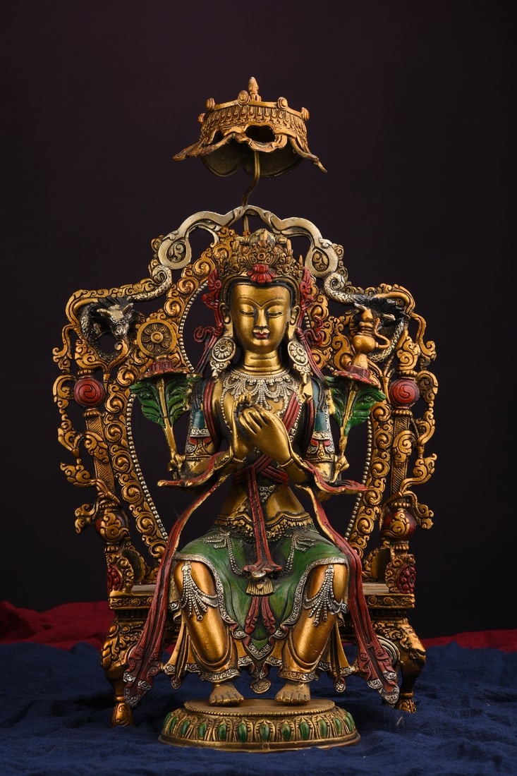 Pure copper painted Vajrapani Bodhisattva statue: A pure copper painted Vajrapani Bodhisattva statue, 40cm high, 26cm wide, 21cm thick, and weighing 4250g. Provenance:from the collection of George Stopher, Kent, purchased from P&M Waldo Antiques, Lon