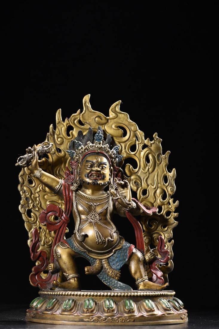 Copper Painted Vajrapani Bodhisattva Statue: A bronze painted statue of Vajrapani Bodhisattva, 33cm high, 23cm wide, 11cm thick, and weighing 3070 grams. Provenance:from the collection of George Stopher, Kent, purchased from P&M Waldo Antiques,