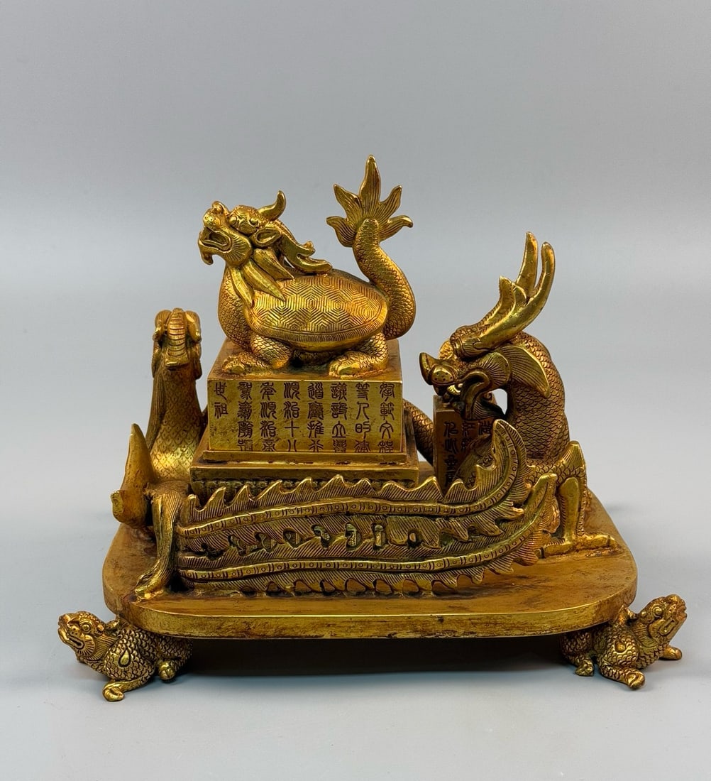 Treasured Collection of Golden Dragon Seals: set of gold dragon seals from a rare collection, in excellent condition, made of solid, thick bronze, weighing 7714 grams, 20cm in height and 24cm in width. Provenance:Private collection from a profes