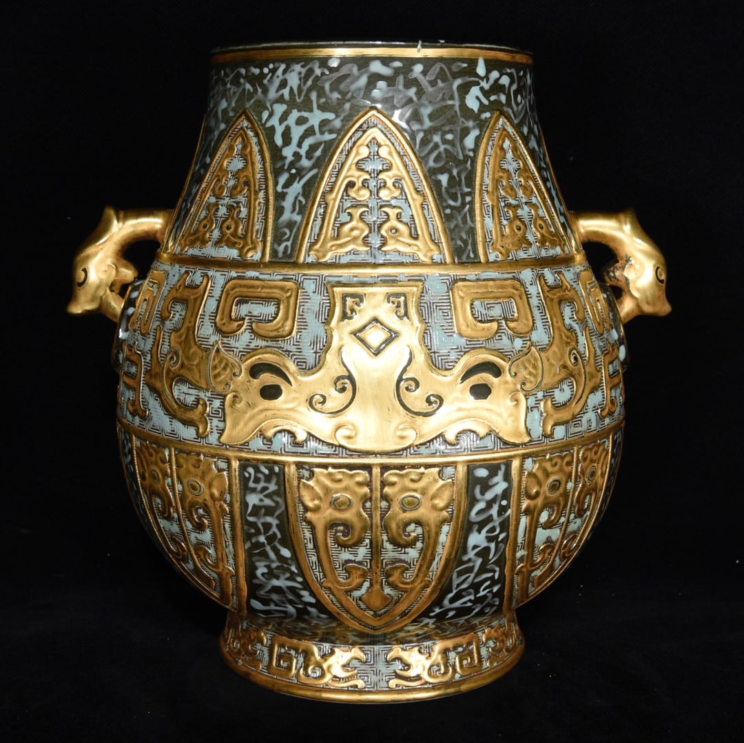 Qing Dynasty, Qianlong Period, Antique Bronze Glazed Gold Double-Eared Vase (1 of 9)