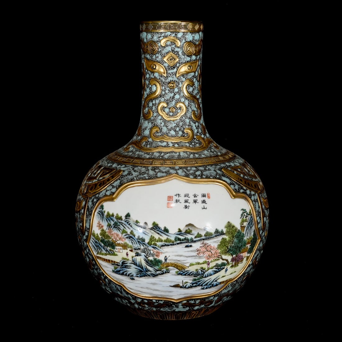 A Qianlong period bronze-glazed enamel vase with landscape, pavilion, and tower design.: A Qing Dynasty Qianlong period bronze-glazed enamel vase with landscape, pavilion, and tower design, measuring 39 x 27 cm. Provenance:Private collection from a professor in University of Nottingham. O