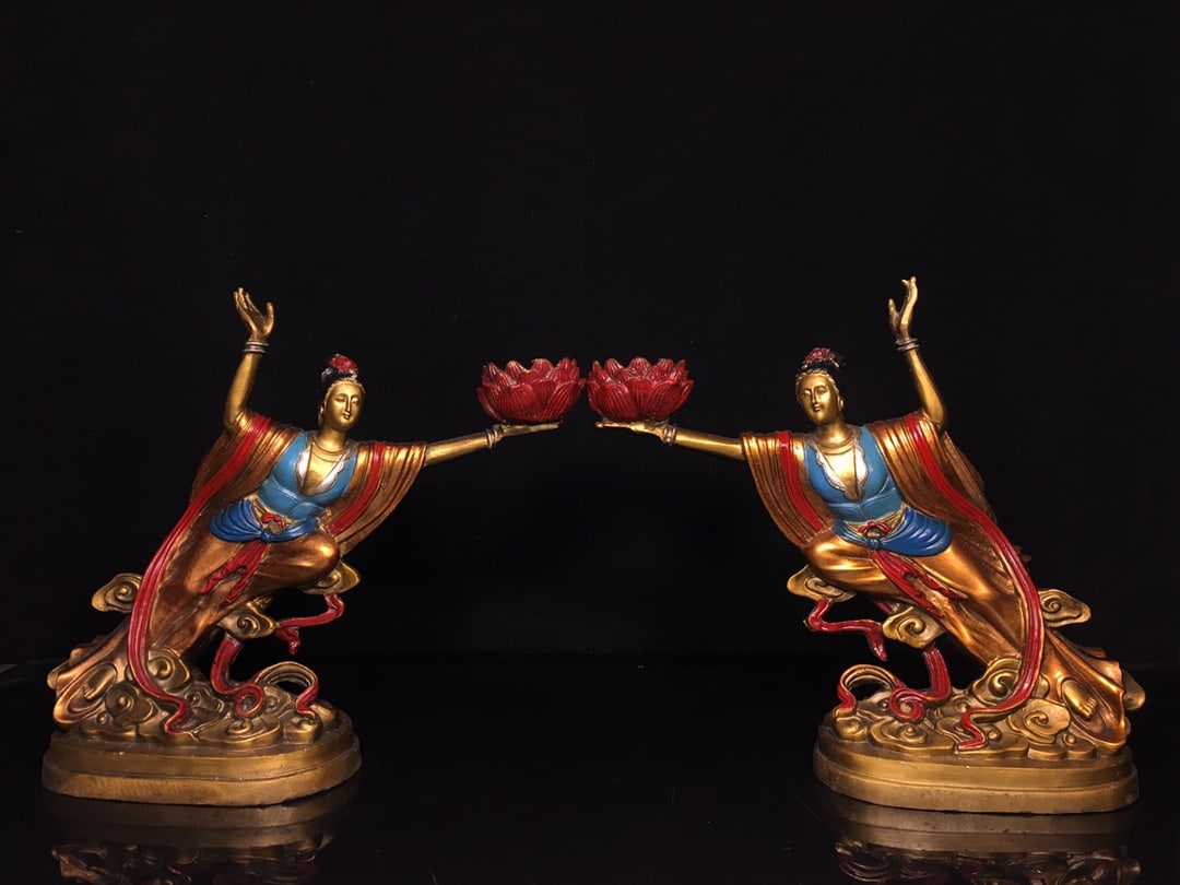Exquisite pure copper painted lady candlestick oil lamp: These are exquisitely crafted pure copper painted candlesticks featuring female attendants. They are beautifully made, uniquely shaped, and have a thick patina. They are 23cm wide, 23cm high, and 8cm