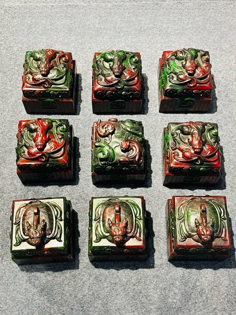 A set of nine exquisite ancient jade seals inscribed with "Emperor Yuan Shengwu, Genghis Khan". (1 of 9)