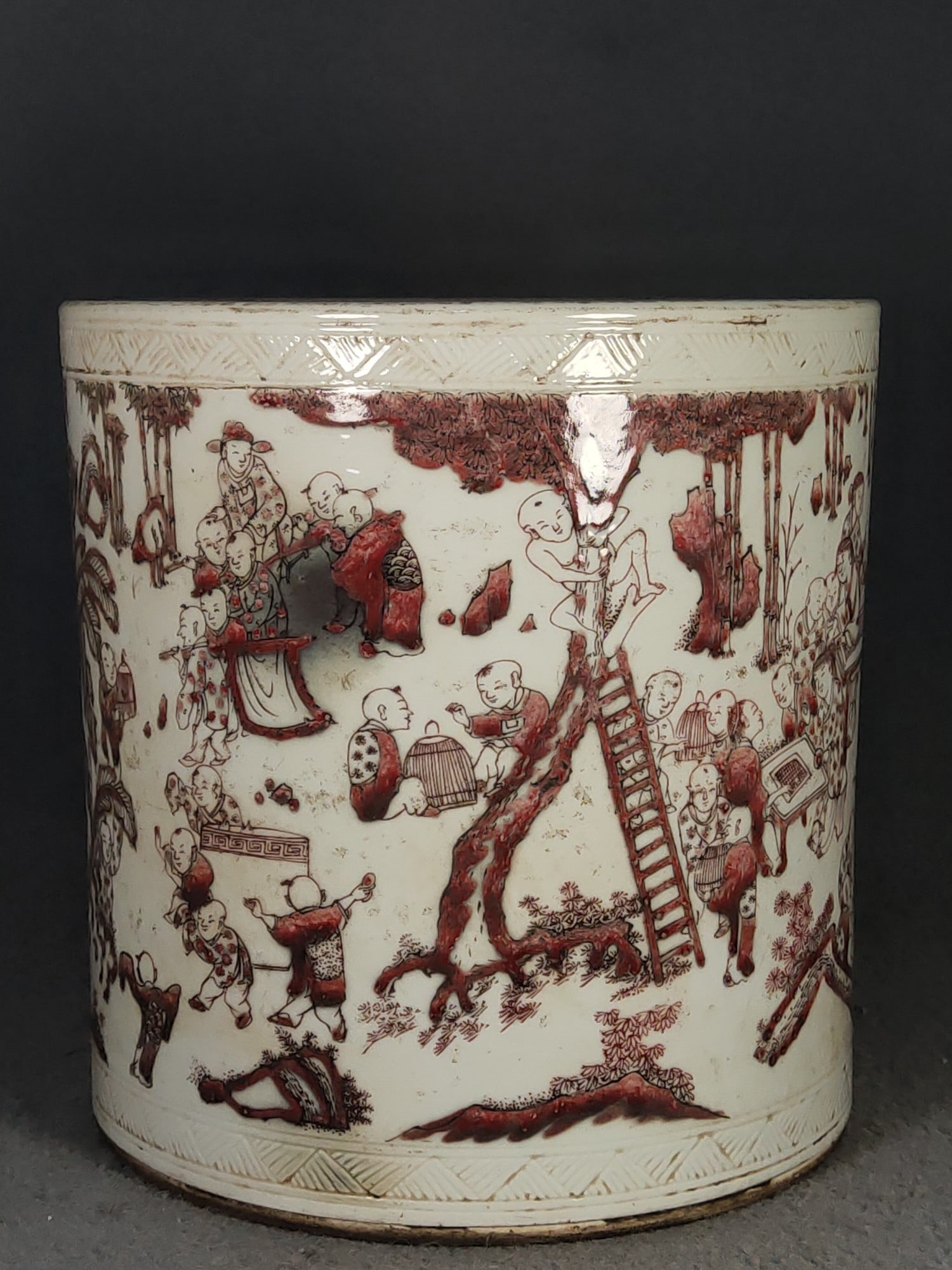 Qing Dynasty Underglaze Red Hundred Children Design Large Brush Pot (1 of 7)