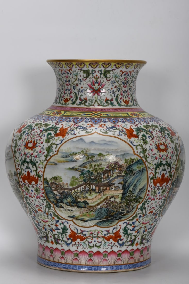 Qing Dynasty, Qianlong period, enamel-painted white-ground patterned landscape with openwork window. (1 of 9)