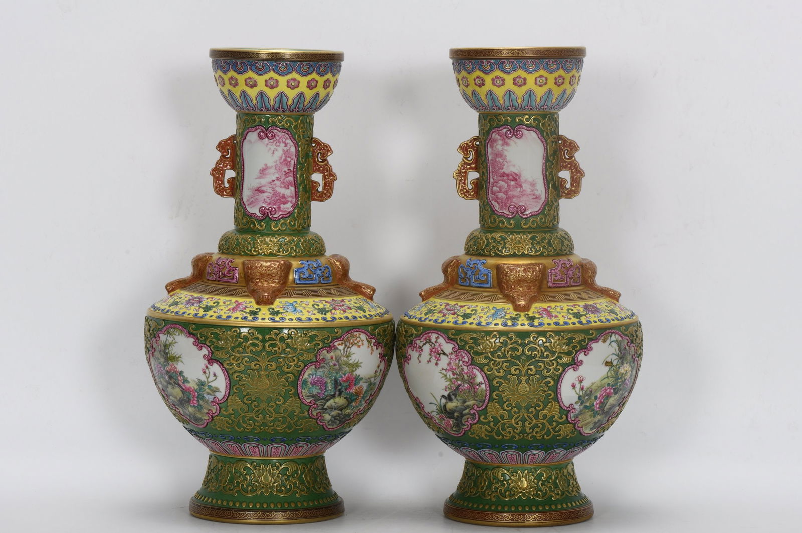 A Qing Dynasty Qianlong period enamel-painted and gilded double-eared vase with openwork floral and (1 of 9)
