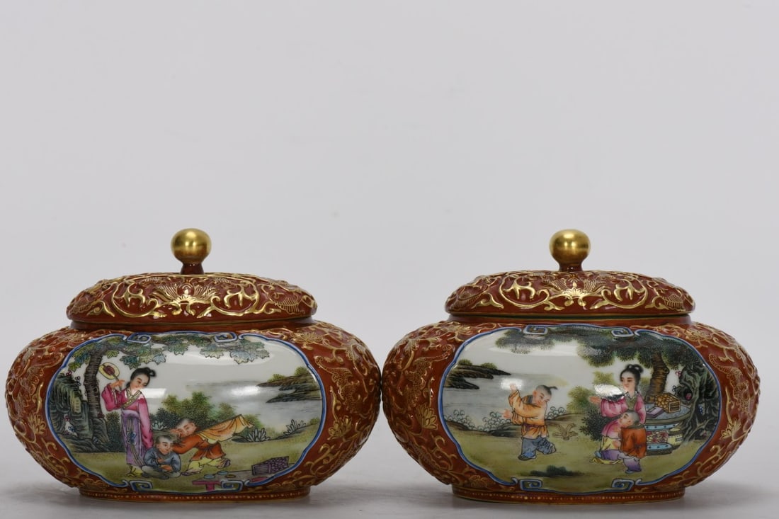 Qing Dynasty Qianlong period enamel-painted and gilded covered jar with openwork figures. (1 of 9)
