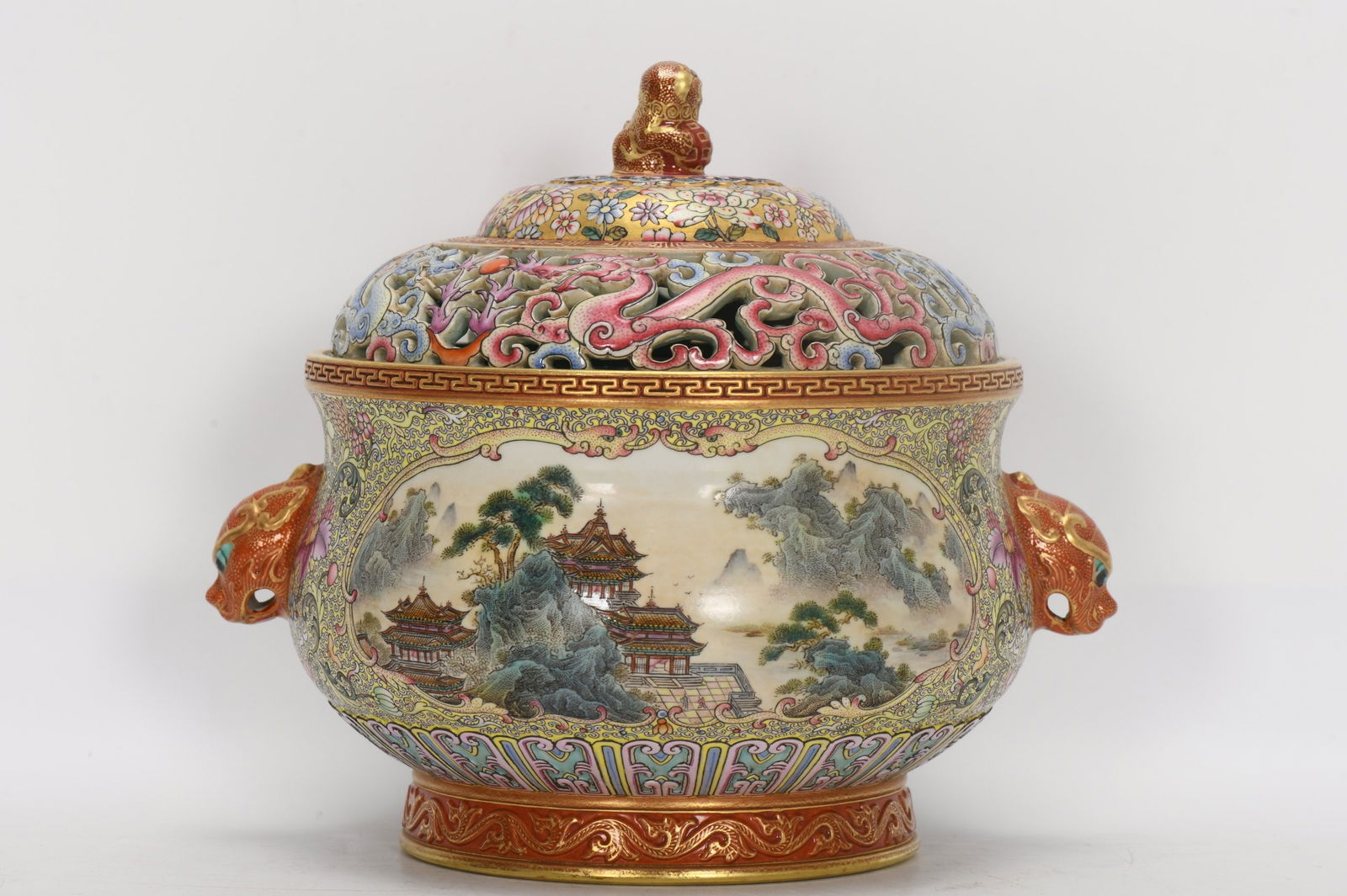 Qing Dynasty, Qianlong Period, Enamel-painted Guyuexuan Landscape Incense Burner with Double Ears (1 of 9)