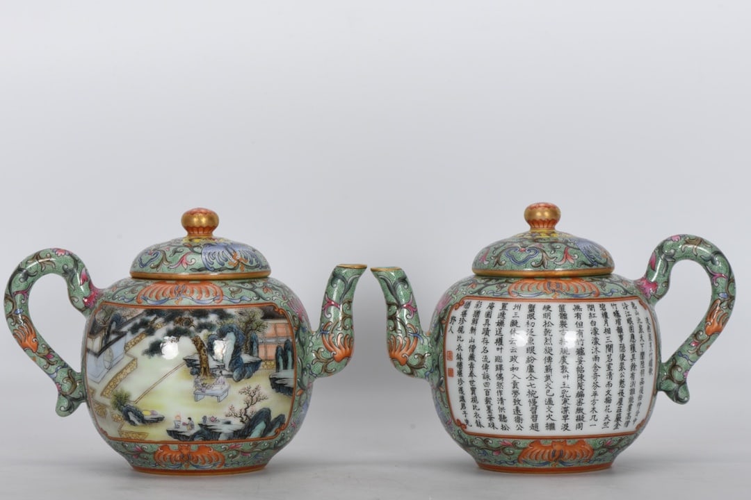Qing Dynasty Qianlong period enamel-painted teapot with openwork depicting figures, stories, and: A Qing Dynasty Qianlong period enamel-painted teapot with openwork depicting figures, stories, and poems. Height: 13.5 cm, mouth diameter: 5.5 cm, maximum diameter: 20.5 cm, base diameter: 7 cm. Prove