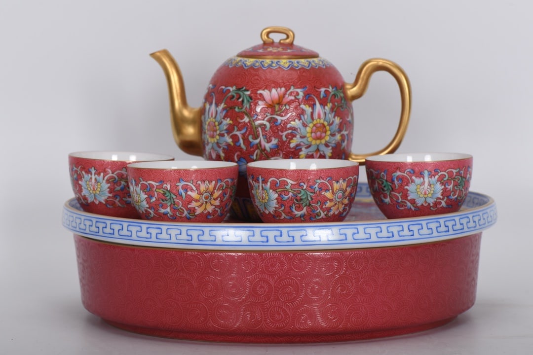Qing Dynasty, Qianlong Period, Enamel-painted Rouge Red Tea Set (1 of 9)