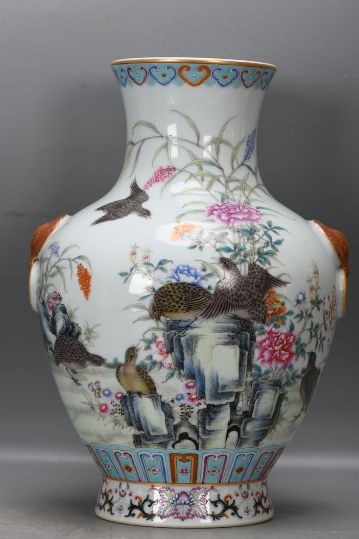 Qianlong Period (1720-1725): Enamel-painted floral double-eared vase depicting a peaceful and (1 of 8)