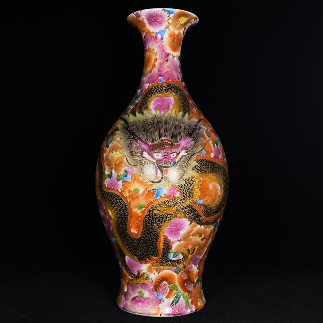 Qing Dynasty Qianlong Period Enamel Dragon Pattern Olive-Shaped Bottle: A Qing Dynasty Qianlong period enamel-painted olive-shaped vase with dragon design, 40 cm high and 18 cm wide. Provenance:Private collection from a professor in University of York. Our cooperative log