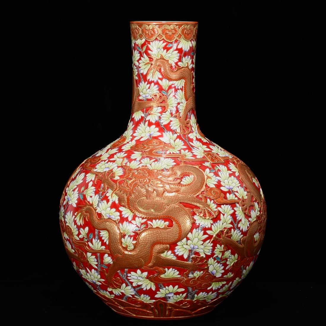 A Qianlong period famille rose enamel vase with gilt-gilt dragon design in relief. (1 of 9)
