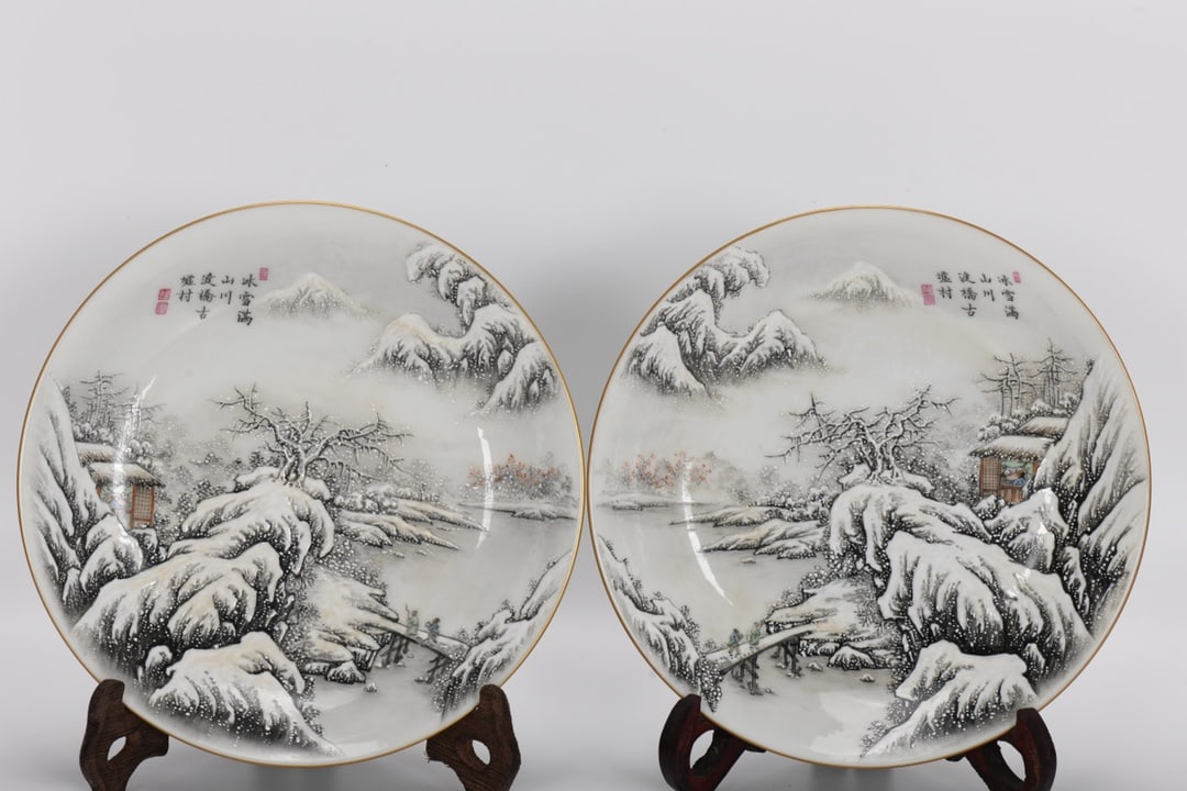 Qing Dynasty, Yongzheng Period, Enamel-painted Landscape and Snow Scene with Poems Plate (1 of 9)