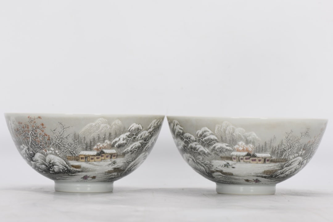 Qing Dynasty, Yongzheng Period, Enamel-painted Snow Scene Landscape with Poems Bowl: Qing Dynasty, Yongzheng period, enamel-painted snow scene and landscape bowl with inscription, 6.9 cm high, 14.5 cm in diameter at the mouth, and 5.3 cm in diameter at the base. Provenance:from the co