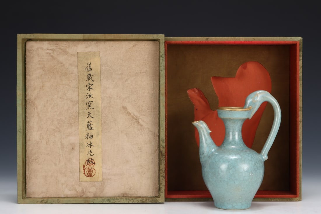 Formerly in the collection of a Song Dynasty Ru ware sky-blue chicken-head ewer: A Song Dynasty Ru ware sky-blue glazed incense burner with two handles, formerly in the collection. Dimensions: Height: 7.7 cm; Diameter: 15 cm. Provenance:An old private collection in Scotland, Unite