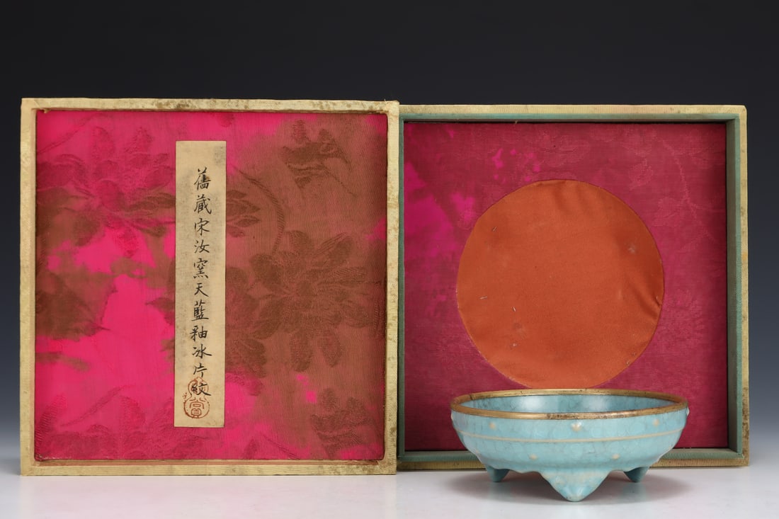 Formerly in the collection of a Song Dynasty Ru ware sky-blue glazed tripod washer: A Song Dynasty Ru ware sky-blue glazed tripod washer, formerly in the collection. Dimensions: Height: 5 cm; Diameter: 13.5 cm. Provenance:A notable private collector in Kensington, London, United King