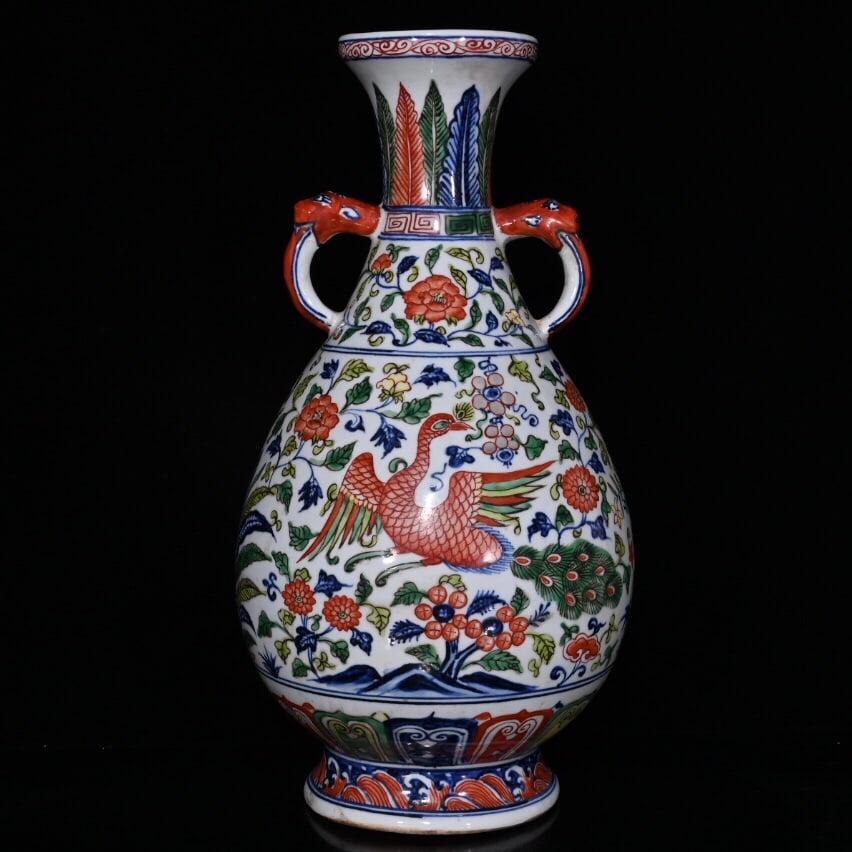 A polychrome double-eared vase with lotus and phoenix design from the Yongle period of the Ming (1 of 9)
