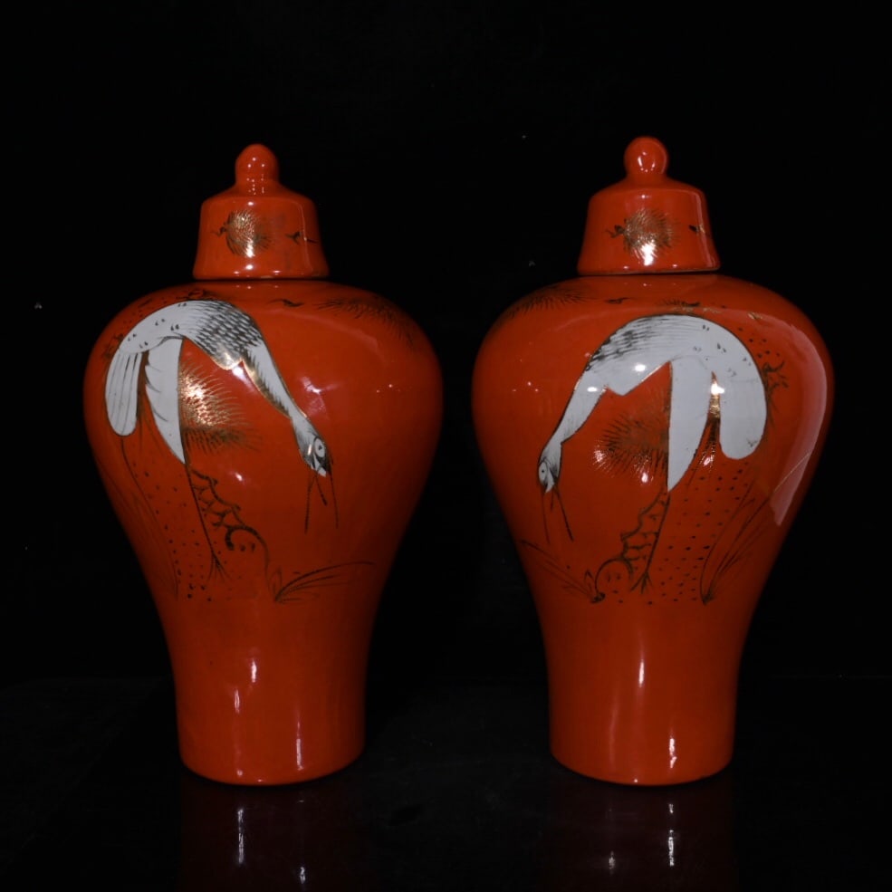 Republic of China Coral Red Pine and Crane Longevity Plum Vase: Republic of China period coral red pine and crane longevity plum vase, 38x24cm Provenance:From an old private collection in Cotswold, United Kingdom.? Our cooperative logistics services provider exper