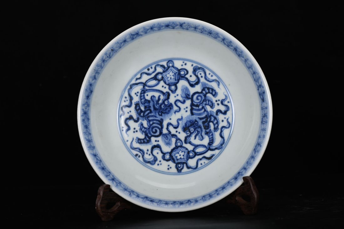 Ming Dynasty, Xuande Period, Blue and White Porcelain Plate with Two Lions Playing with a Ball (1 of 9)