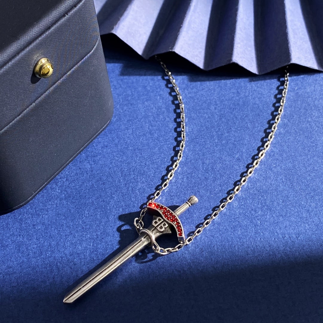 BALENCIAGA Fashionable Retro Personalized Red Diamond Fencing Pendant Necklace (1 of 3)