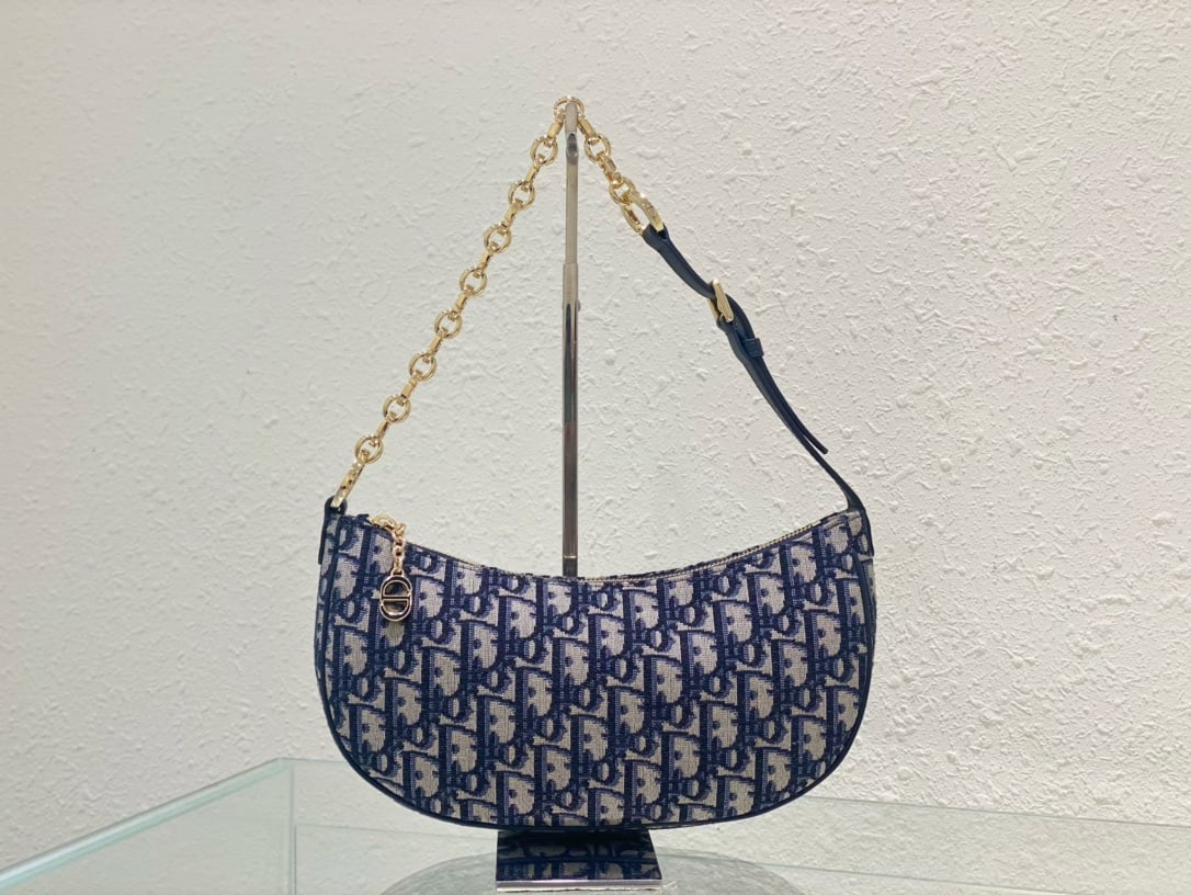 Christian Dior: The CD Lounge handbag, a summer 2023 design, embodies Dior's modern aesthetic and haute couture style. Crafted from blue jacquard fabric, it features a classic chain and leather strap, alternating gol