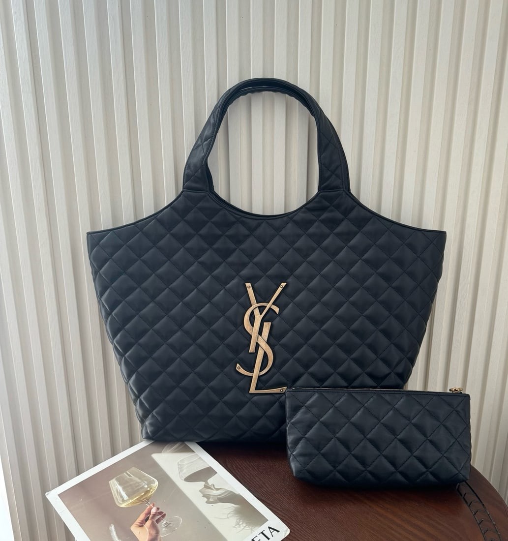 Yves Saint Laurent ICARE: The ICARE tote bag features a brand-new design with a highly individualistic look. Made of classic diamond-quilted lambskin, it exudes a luxurious feel and has a smooth, delicate texture. It comes wit