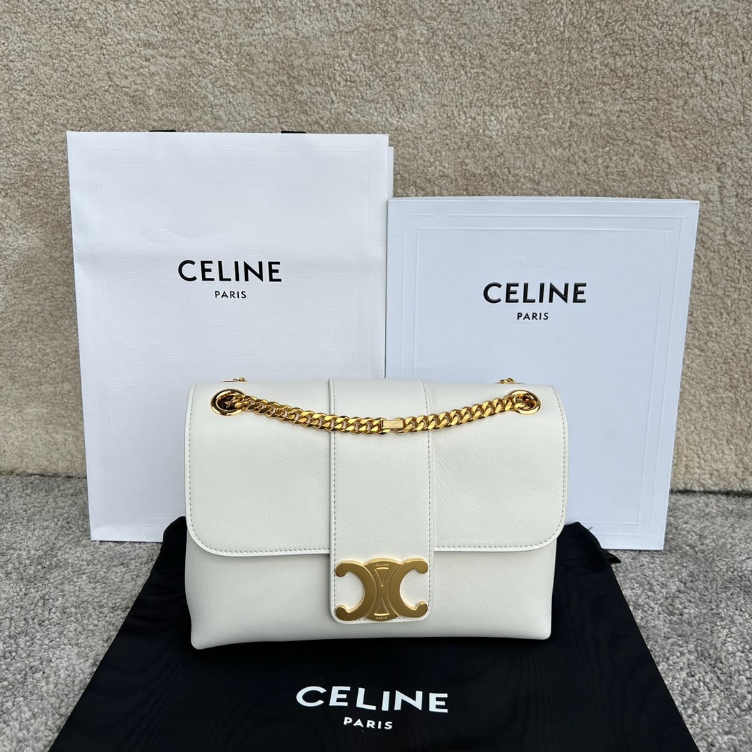 Celine: VICTOIRE Medium Soft Calfskin Handbag, 23cm in size, made of calfskin leather with a lambskin lining, gold-tone finish. Suitable for crossbody and shoulder carrying, with snap closure, two main