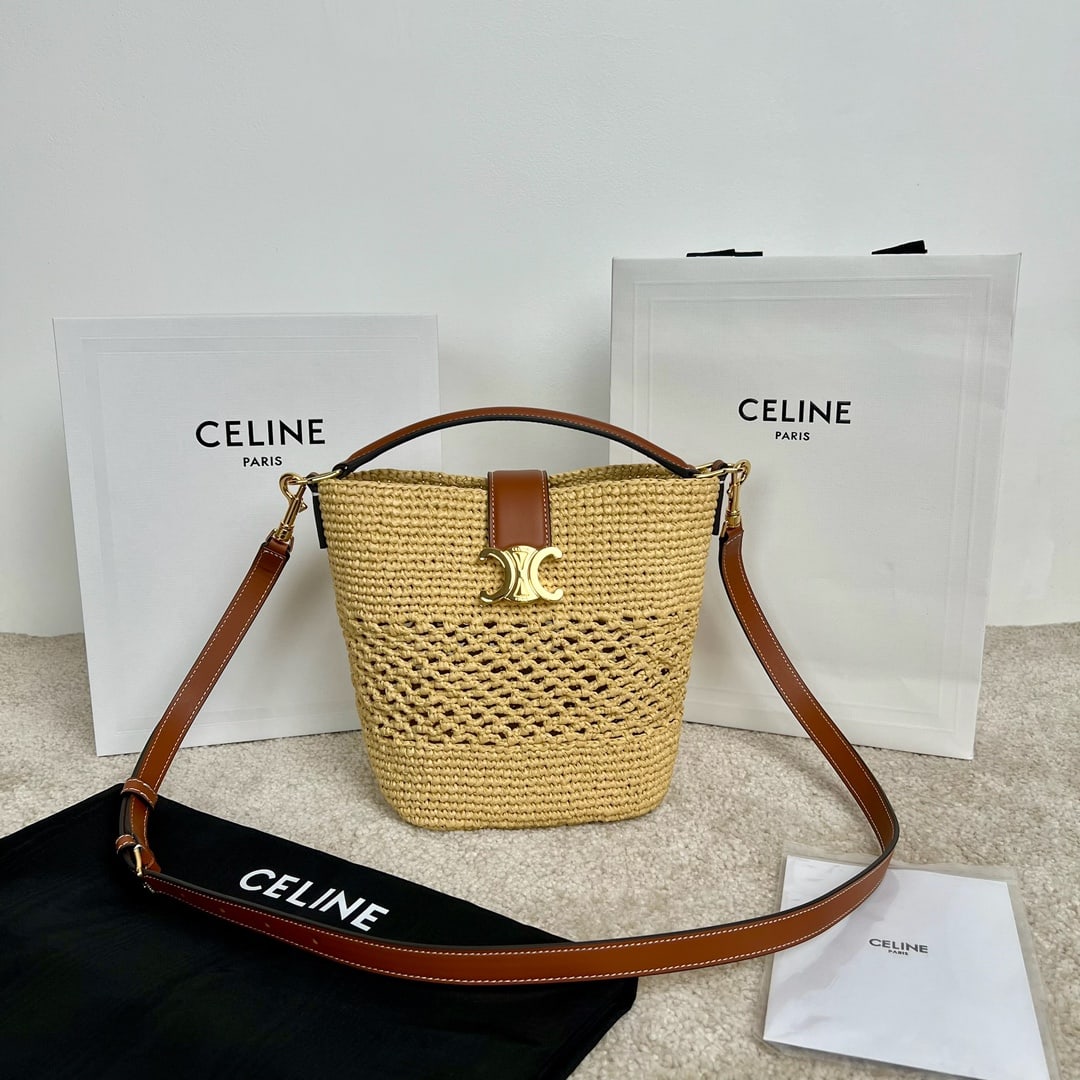 Celine Louise: LOUISE Small Plant Material Wagyu Leather Bucket Bag, Natural Tan Color, Dimensions 16 x 19 x 12 cm. Made of plant material, unlined with unlined calfskin trim, gold-plated handles, leather flap for c