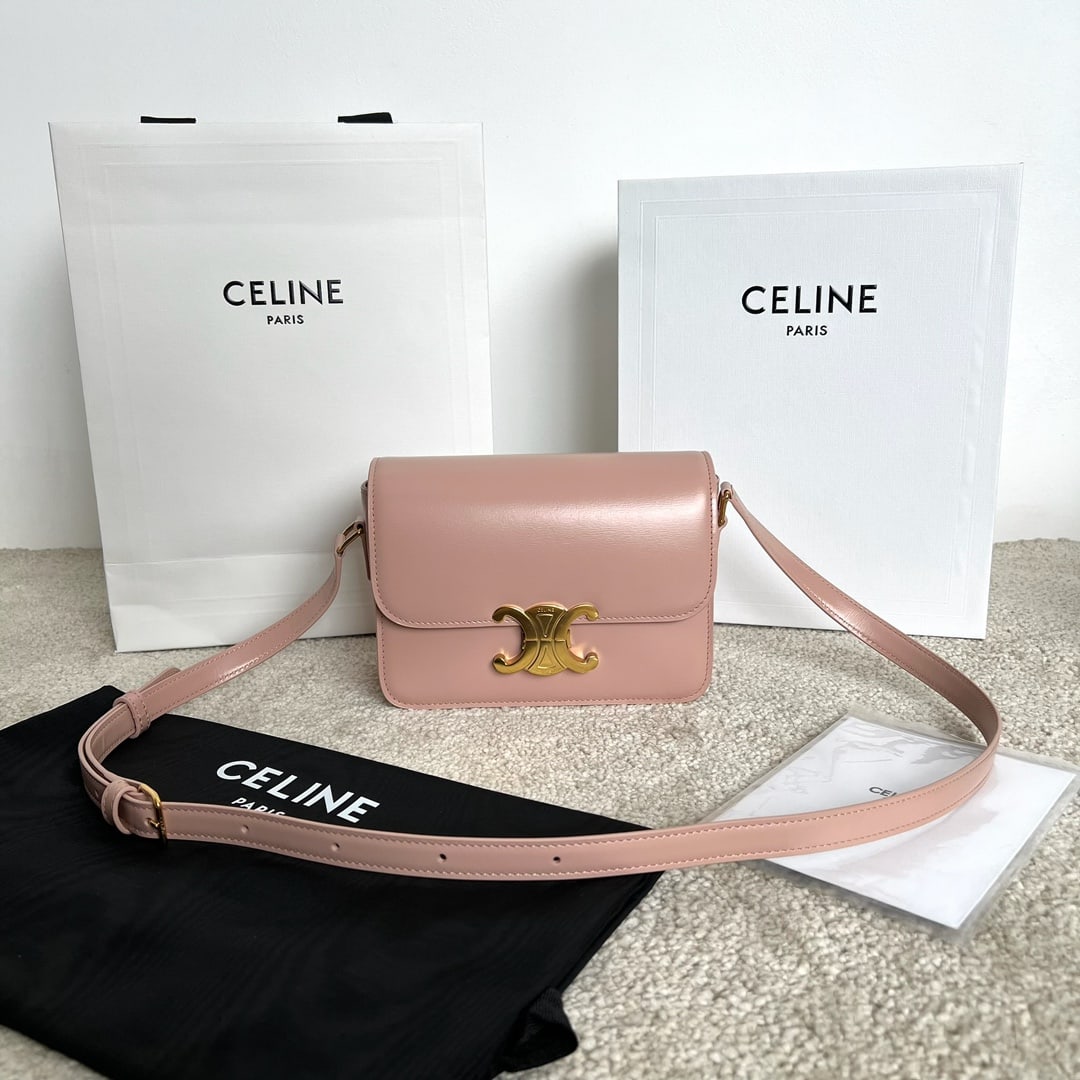 Celine Triophe: TRIOMPHE Small Light Peach Glossy Calfskin Handbag 7 x 6 x 2 inches (18.5 x 14 x 6 cm) 100% Calfskin, 100% Lambskin Lining, Gold-tone Hardware. Crossbody and shoulder carry. TRIOMPHE features a clasp,