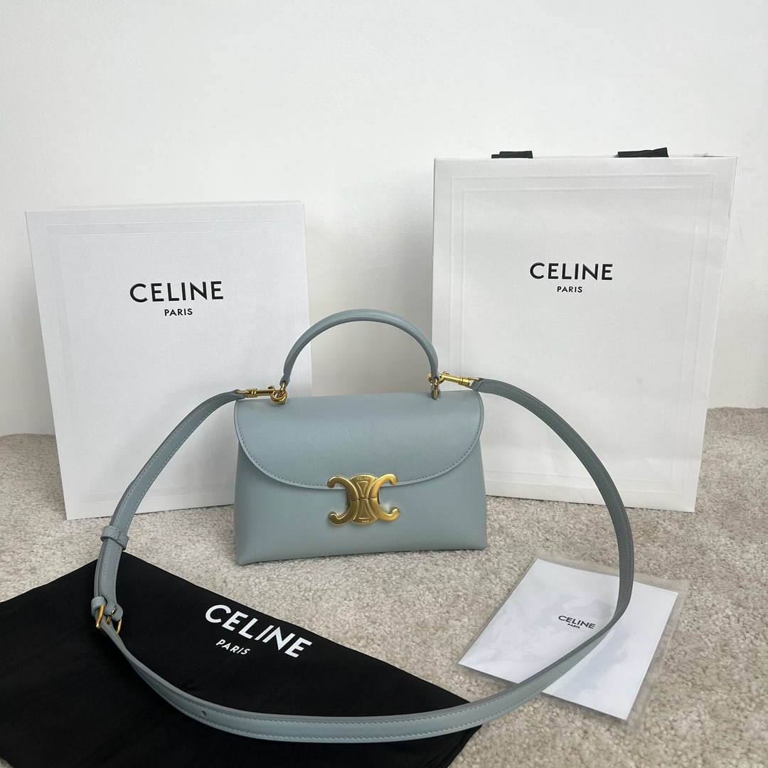 Celine NINO: NINO Small Glossy Calfskin Handbag, Ice Blue, 21x13x7 cm, calfskin leather, sheepskin lining, gold-tone finish, handles, shoulder bag, and crossbody bag with TRIOMPHE metal lock, 2 compartments, 3