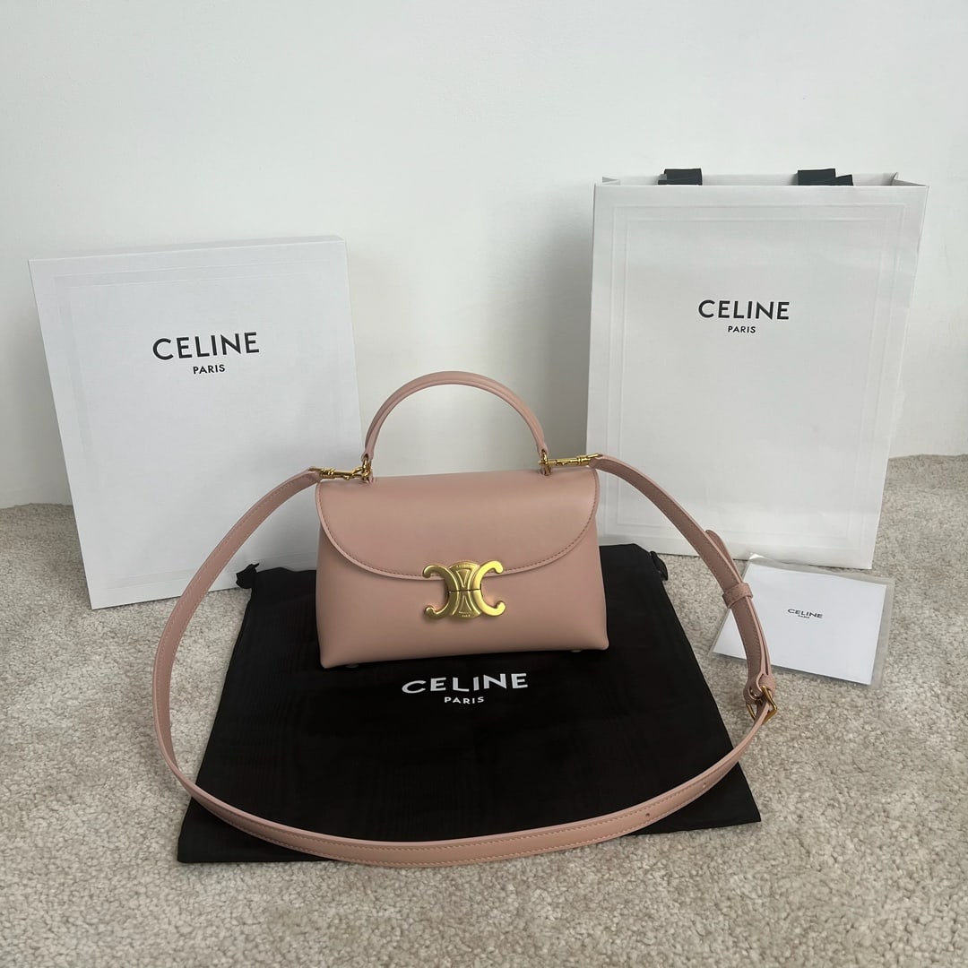 Celine NINO: NINO Small Soft Calfskin Handbag, Light Peach, 21x13x7 cm, calfskin leather with sheepskin lining and gold-tone finish. Features include handle, shoulder, and crossbody options with a TRIOMPHE metal
