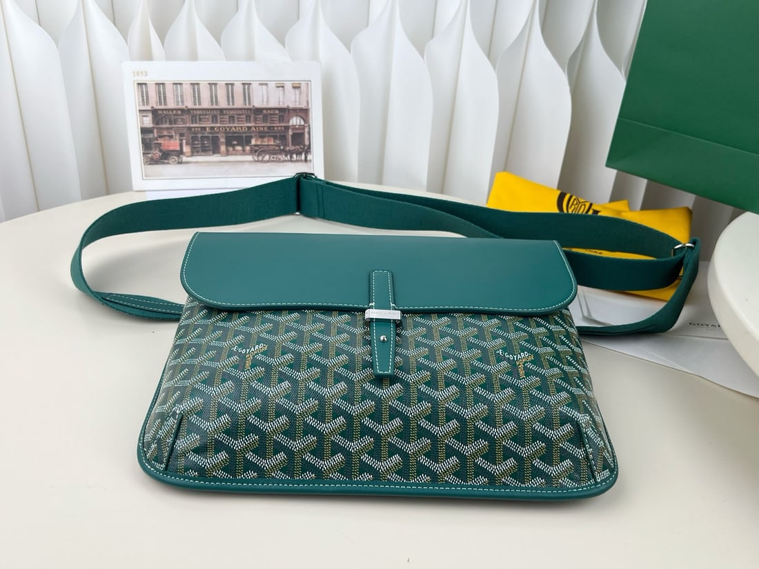 Goyard coursier: The Goyard coursier crossbody messenger bag features a top-grain calfskin flap that is suede underneath, giving it a premium feel. The body is made of Goyardine canvas, with hard-pack-style binding at
