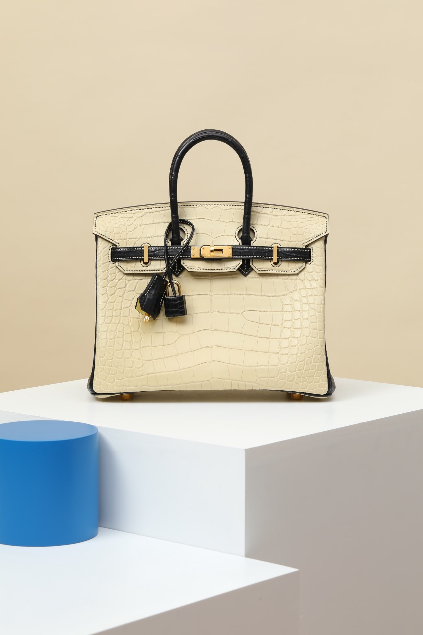 Hermes: Model: BK25 Code: BK2502600 Color: Y1 Vanilla/CK89 Black Dimensions: Length 25cm x Depth 20cm x Width 13cm Material: Matte Alligator (pressed square opening) Birkin 25 Alligator Handbag, interior zip