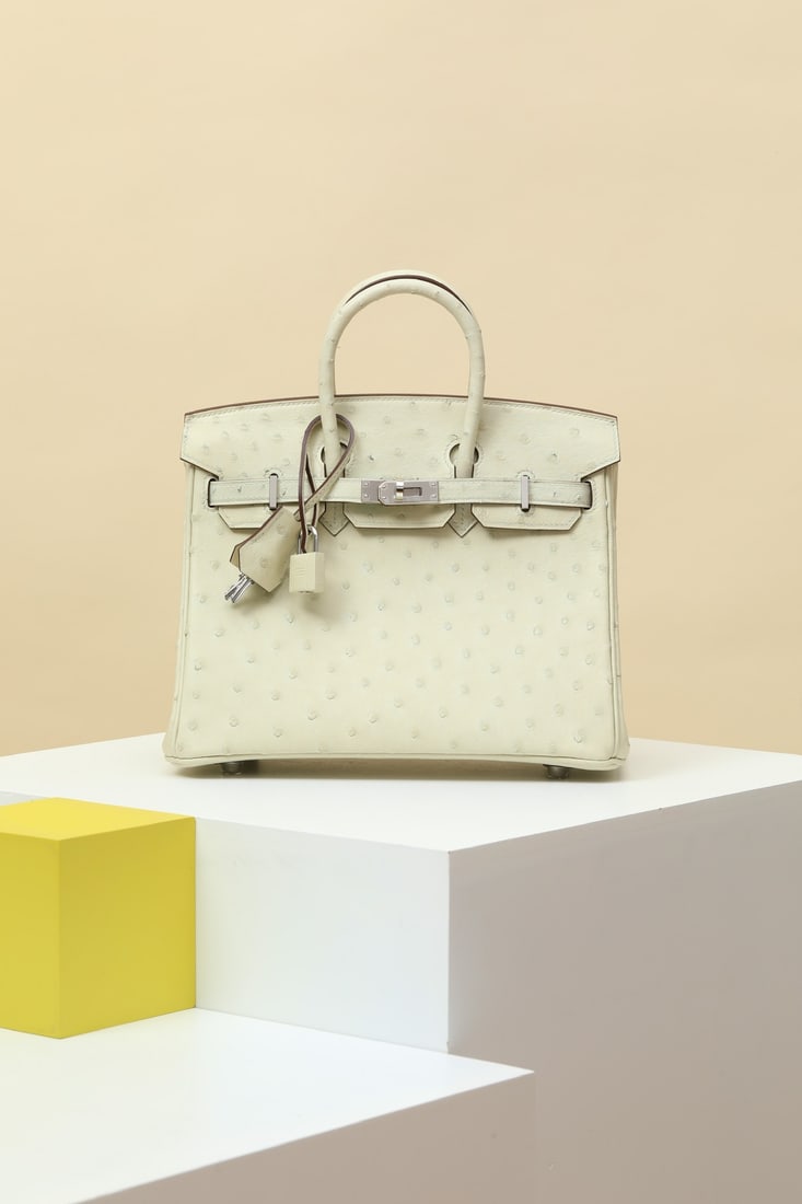 Hermes: Model: BK25 Code: BK250670 Color: 3C Wool White Dimensions: Length 25cm x Depth 20cm x Width 13cm Material: Ostrich Leather Birkin 25 Ostrich Handbag Interior Zipper Pocket Leather Lock Can be