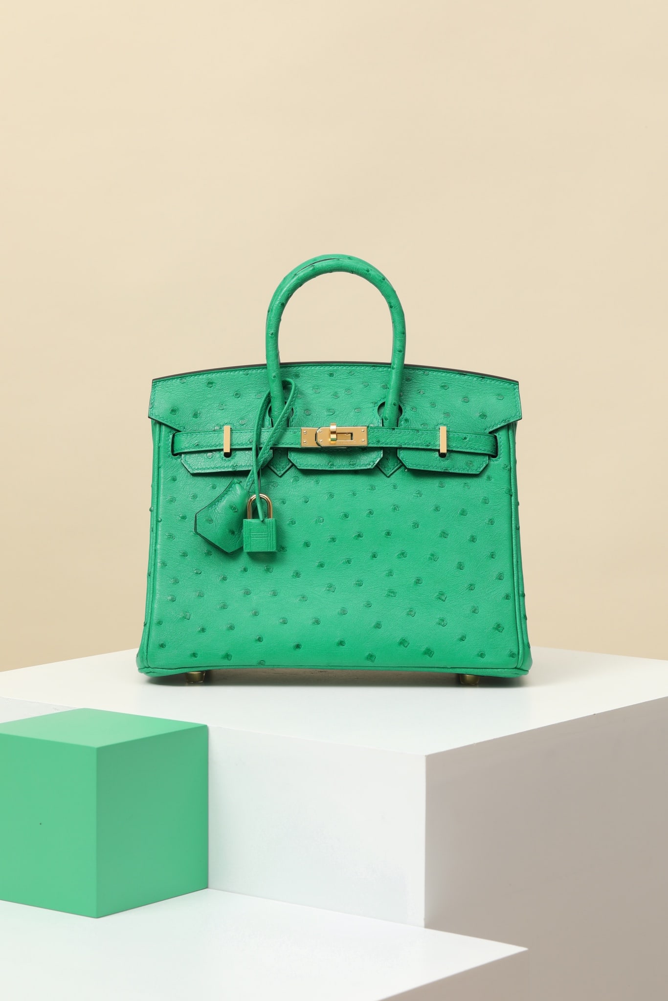 Hermes: Model: BK25 Code: BK250670 Color: U4 Velvet Green Dimensions: 25cm (L) x 20cm (D) x 13cm (W) Material: Ostrich Leather Birkin 25 Ostrich Handbag Interior Zipper Pocket Leather Lock Can be carried by h