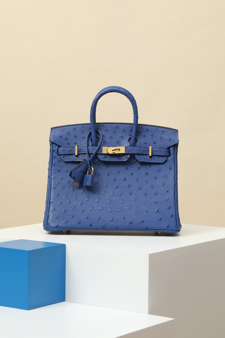 Hermes: Model: BK25 Code: BK250670 Color: Cornflower Blue Dimensions: 25cm (L) x 20cm (D) x 13cm (W) Material: Ostrich Leather Birkin 25 Ostrich Handbag Interior Zipper Pocket Leather Lock Can be carried by
