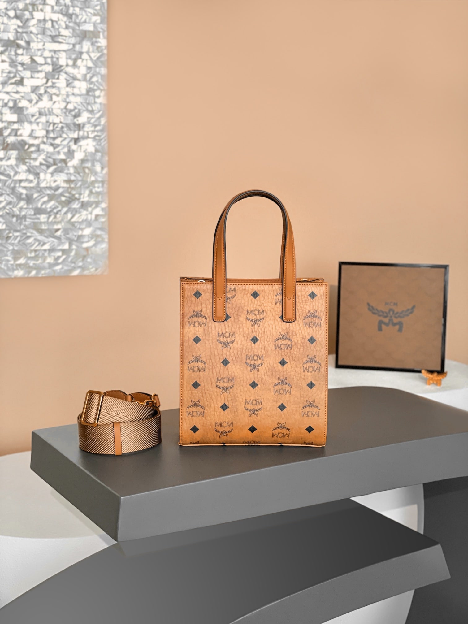 MCM KLASSIK VISETOS Handbag/Shoulder Bag for Sheet Music: MCM KLASSIK VISETOS Tote/Crossbody Sheet Music Bag in Cognac Color with All-Over Monogram Print. This mini Klassik tote bag is thoughtfully designed to hold everyday essentials. It combines classic