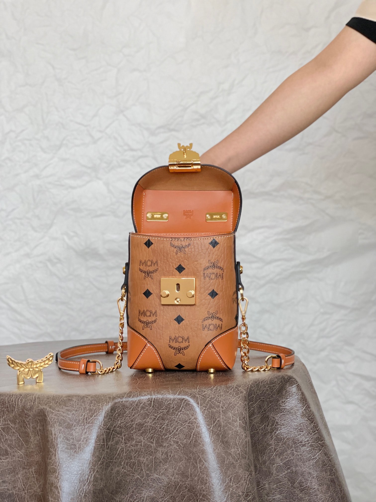 MCM SOFT BERLIN French Fries Bag - Shoulder, Handbag, Crossbody Bag: MCM SOFT BERLIN French Fries Bag, shoulder bag, handbag, crossbody bag. Classic cognac color, classic monogram all-over print. Made of cowhide leather with Visetos leather accents. # Can be carried by