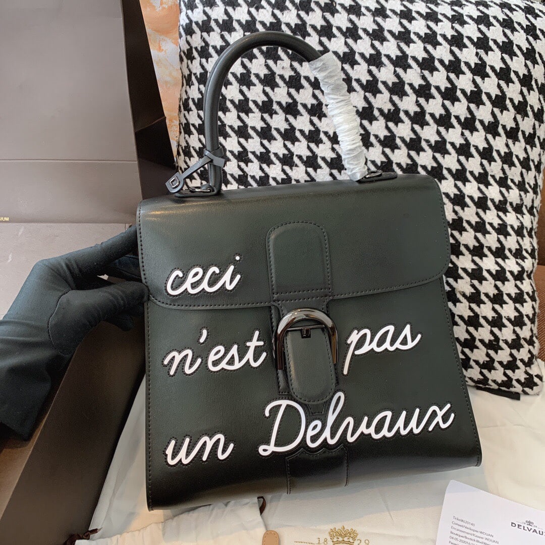 Delvaux Brilliant: DELVAUX Belgian Delvaux Limited Edition Graffiti Letter Bag, Brilliant Medium, Celebrity Style, Personalized Series, Gunmetal Leather, Fully Upgraded Hardware, Unique Double-Sided Leather Folding Tech