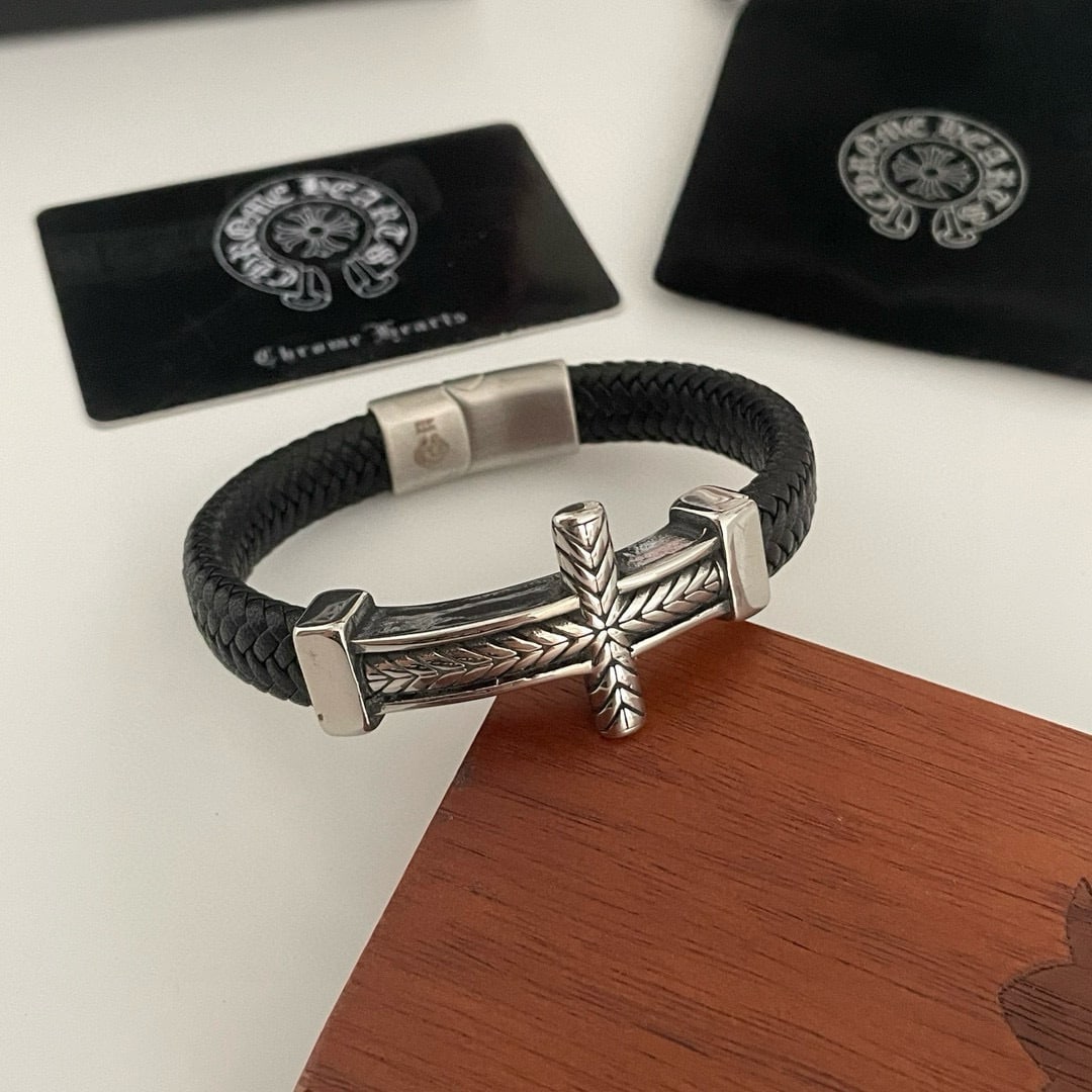 Chrome Hearts Classic Retro Cross Leather Cord Bracelet: Chrome Hearts classic retro cross leather cord bracelet/bangles feature embossed designs and various patterns, creating a unique style. The cross and scout flower are Chrome Hearts' signature elements