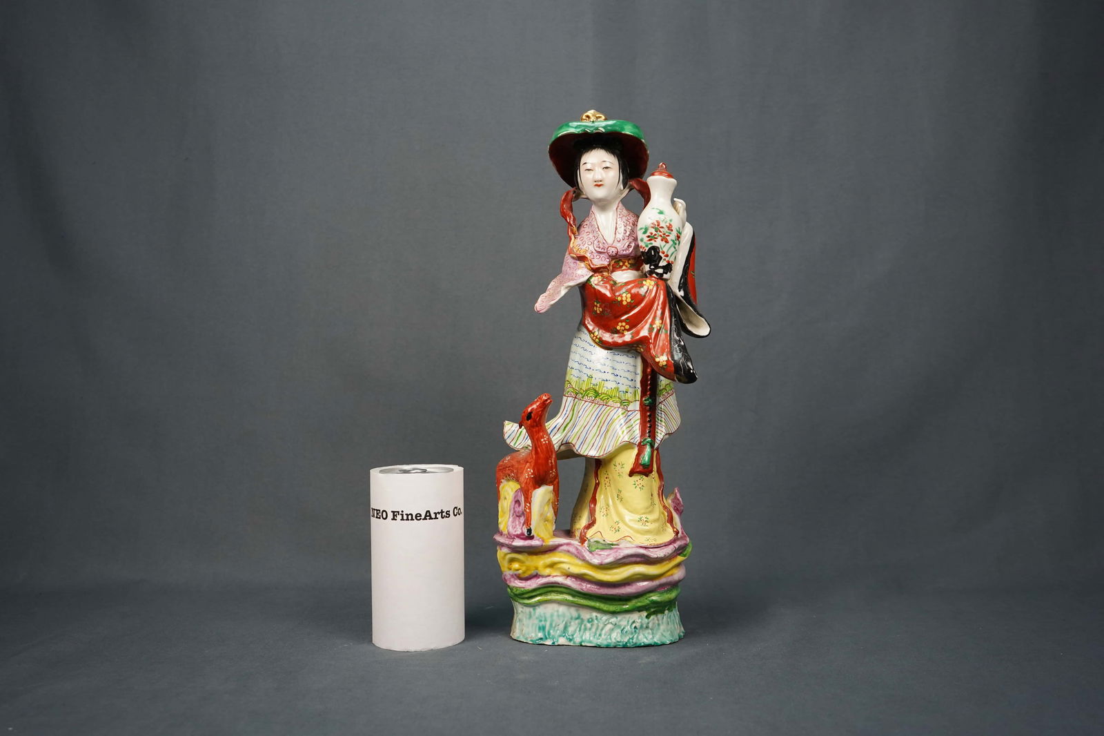 Chinese Antique Famille Rose Porcelain Figurine of Lady with Deer( Magu): Chinese antique porcelain figurine of lady with deer (éº»å§‘), with artist stamped (little chips) H:15"