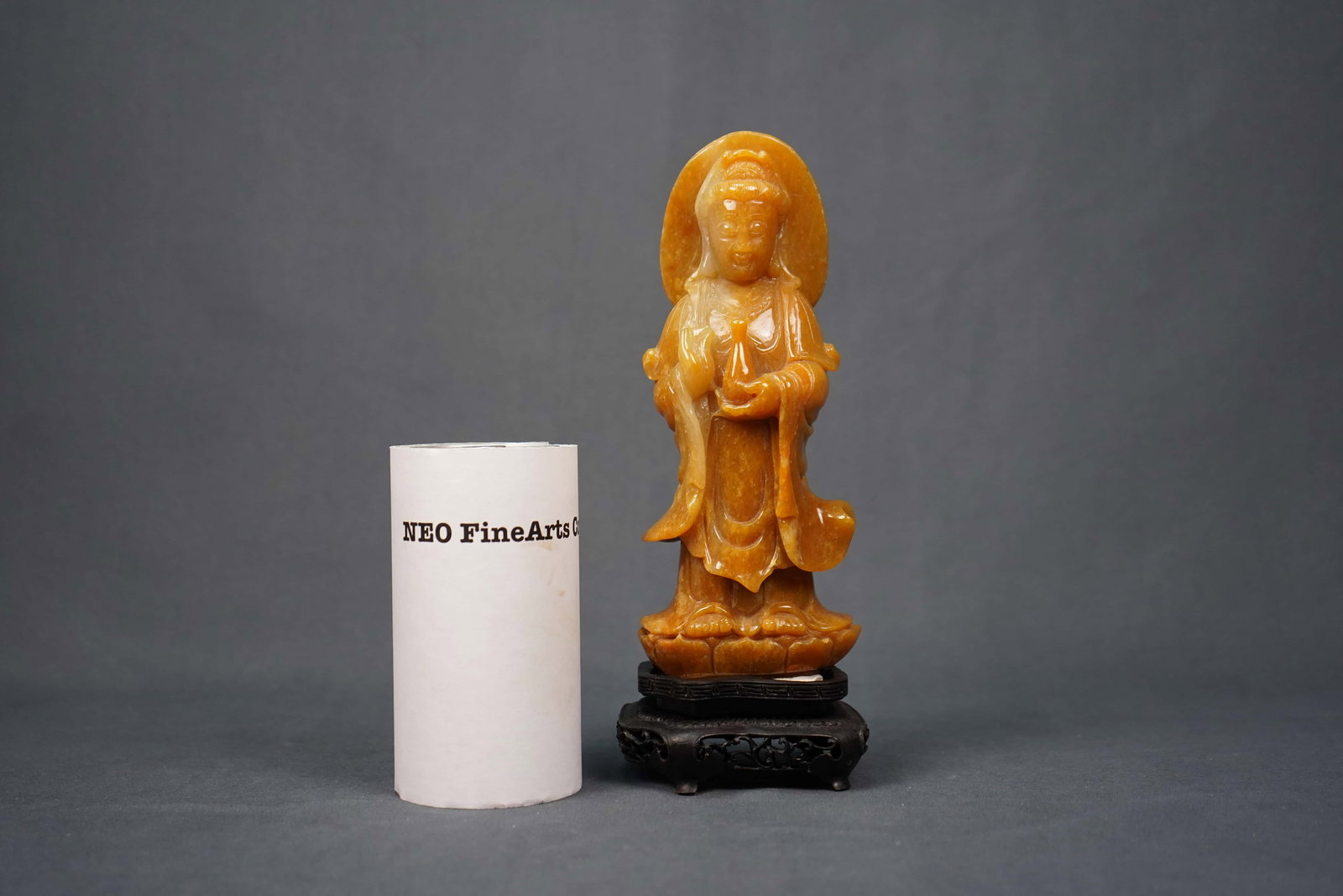 Antique Chinese Natural Yellow Jade Carved Guanyin on  Nice Wood Carved Stand (1 of 6)