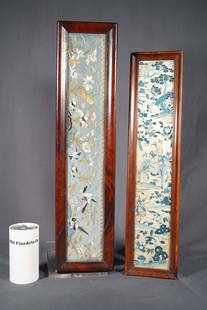 2 Chinese Antique Silk Embroideries in Rosewood Frame: 2 19th Century Chinese antique framed hand embroidered Chinese silk. (Stand not Included). 21" x 5", 23" x 5"1/2