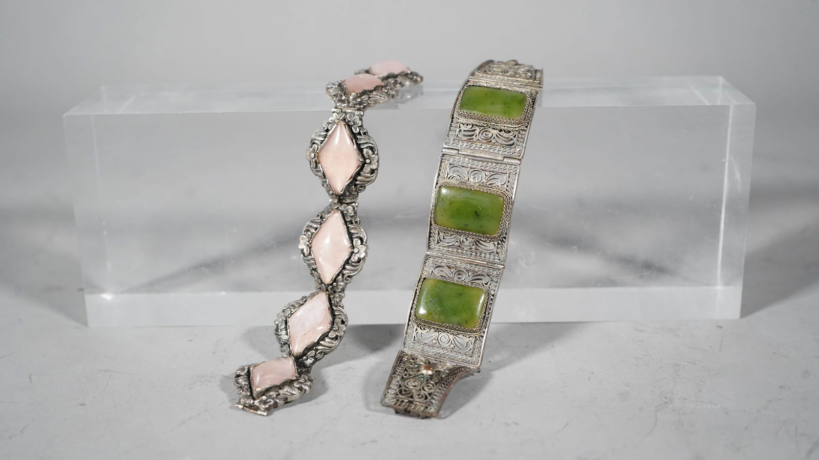 Two Chinese Old Silver Like Carved Bracelet  with Hetian Green Jade and Rose Quartz Embedded (1 of 6)